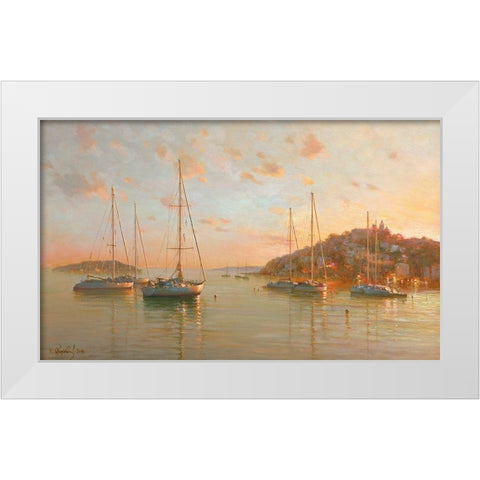 Yachts on the Sea White Modern Wood Framed Art Print by Obuchovsky, Yury