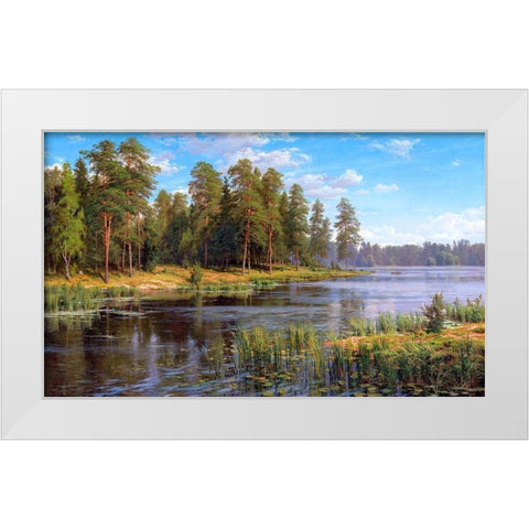 Forest lake White Modern Wood Framed Art Print by Basov, Sergej