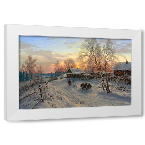 Winter evening in the village White Modern Wood Framed Art Print by Basov, Sergej