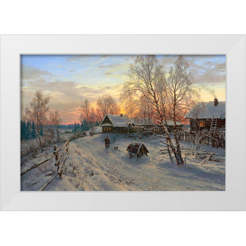 Winter evening in the village White Modern Wood Framed Art Print by Basov, Sergej