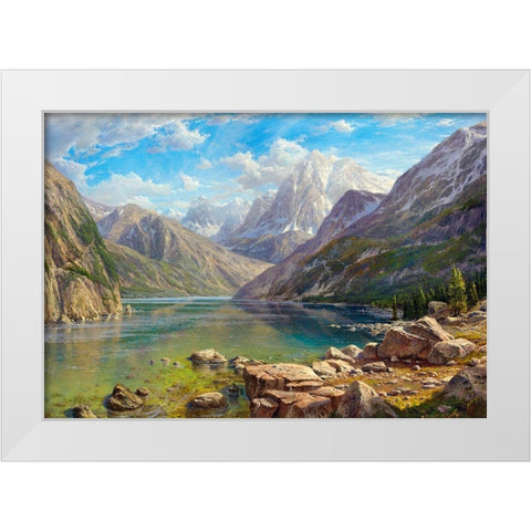 Mountain lake White Modern Wood Framed Art Print by Basov, Sergej