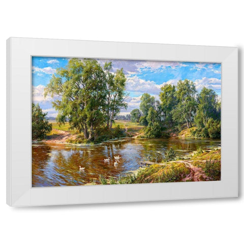 Village pond White Modern Wood Framed Art Print by Basov, Sergej