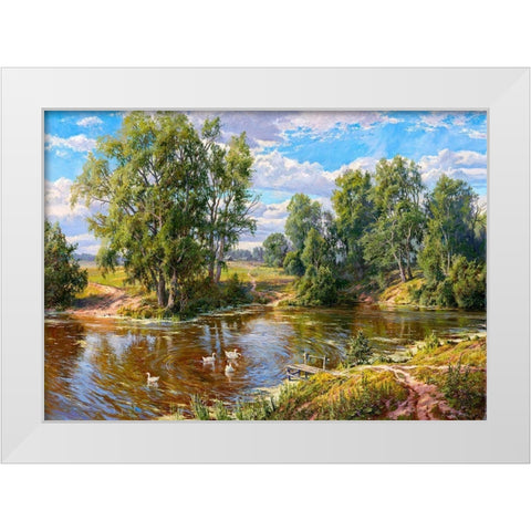 Village pond White Modern Wood Framed Art Print by Basov, Sergej