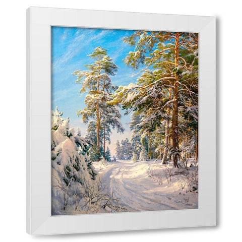Pine forest winter White Modern Wood Framed Art Print by Basov, Sergej