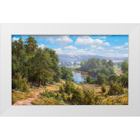 Landscape with river - 2  White Modern Wood Framed Art Print by Basov, Sergej