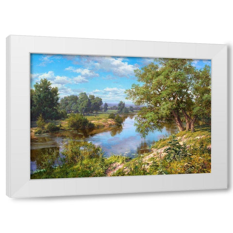Landscape with river White Modern Wood Framed Art Print by Basov, Sergej