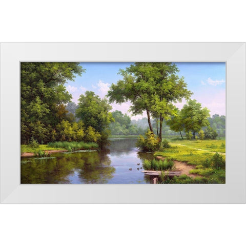 Landscape with ducks White Modern Wood Framed Art Print by Babichev, Vyacheslav