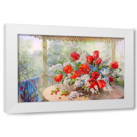 Tulips and bird-cherry White Modern Wood Framed Art Print by Dandorf, Olga