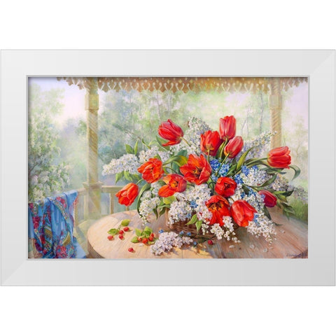 Tulips and bird-cherry White Modern Wood Framed Art Print by Dandorf, Olga