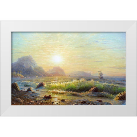 Morning. Surf waves White Modern Wood Framed Art Print by Goryachev, Alexander