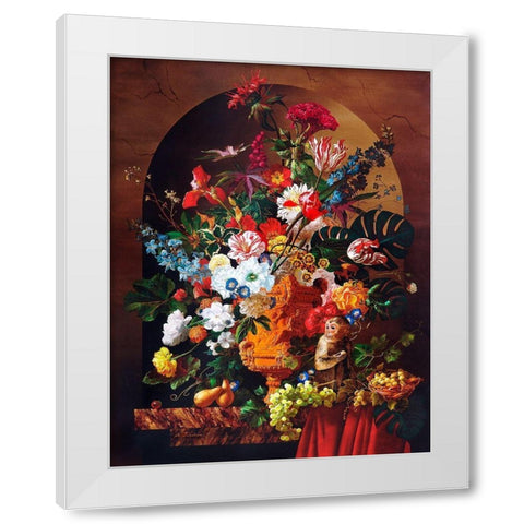 Still life with a monkey, flowers and fruits White Modern Wood Framed Art Print by Golovin, Konstantin