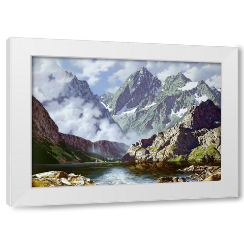 Mountain waterfall White Modern Wood Framed Art Print by Golovin, Konstantin