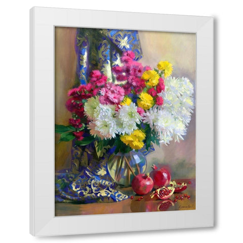 Chrysanthemums and pomegranates White Modern Wood Framed Art Print by Goryacheva, Svetlana