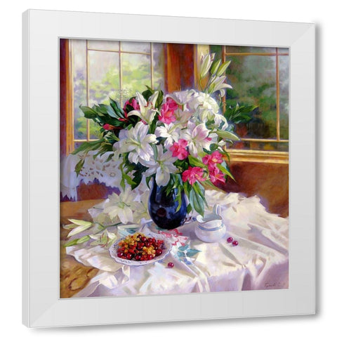 Lilies on the terrace White Modern Wood Framed Art Print by Goryacheva, Svetlana
