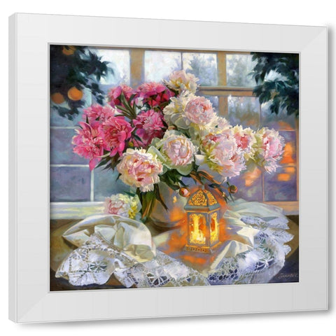 Peonies and lantern White Modern Wood Framed Art Print by Goryacheva, Svetlana