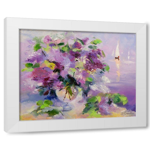 Lilac and yachts White Modern Wood Framed Art Print by Kotinova, Galina