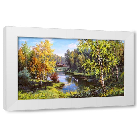 Geese in the village White Modern Wood Framed Art Print by Prishchepa, Igor