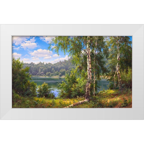 Forest lake White Modern Wood Framed Art Print by Prishchepa, Igor