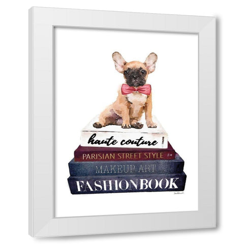 Book Stack Frenchie White Modern Wood Framed Art Print by Greenwood, Amanda