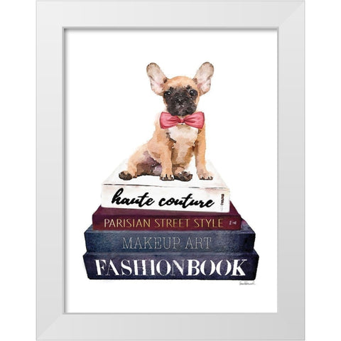 Book Stack Frenchie White Modern Wood Framed Art Print by Greenwood, Amanda