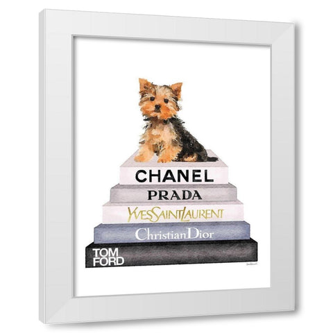 Bookstack Yorkie White Modern Wood Framed Art Print by Greenwood, Amanda