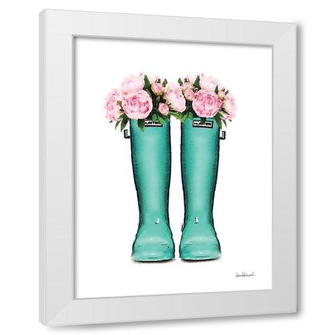 Teal Rain Boots with Peony White Modern Wood Framed Art Print by Greenwood, Amanda