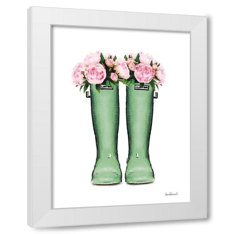 Green Rain Boots with Peony White Modern Wood Framed Art Print by Greenwood, Amanda