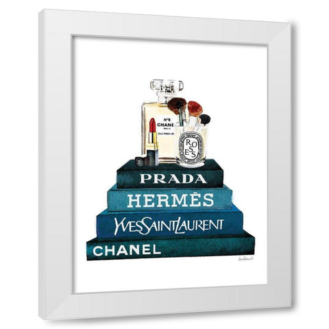 Teal Book Stack Makeup White Modern Wood Framed Art Print by Greenwood, Amanda