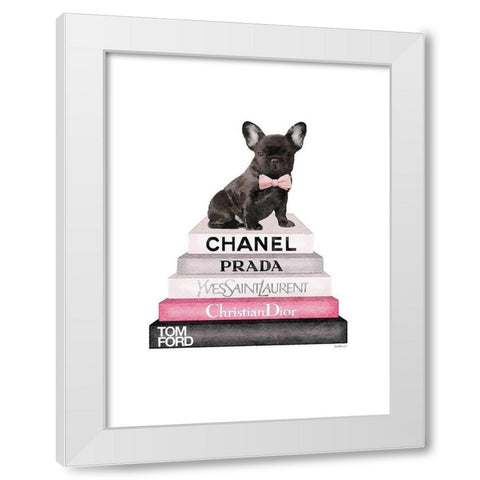 Pink Frenchie Bookstack White Modern Wood Framed Art Print by Greenwood, Amanda