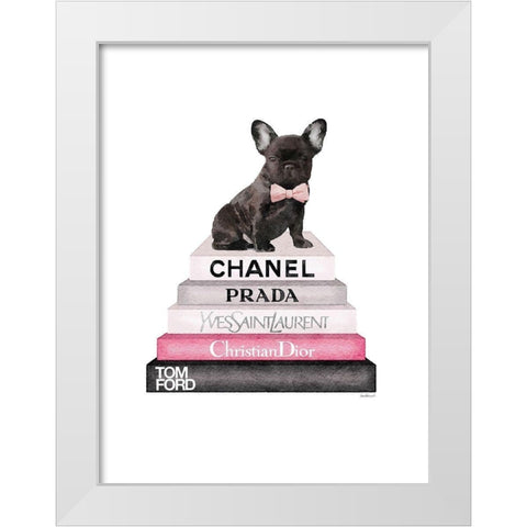 Pink Frenchie Bookstack White Modern Wood Framed Art Print by Greenwood, Amanda