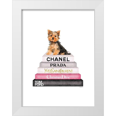 Yorkie Bookstack White Modern Wood Framed Art Print by Greenwood, Amanda