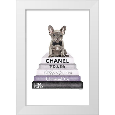 Purple Frenchie Bookstack White Modern Wood Framed Art Print by Greenwood, Amanda