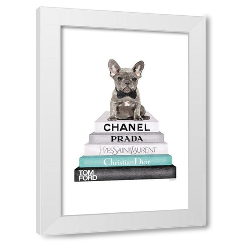 Teal Frenchie Bookstack White Modern Wood Framed Art Print by Greenwood, Amanda