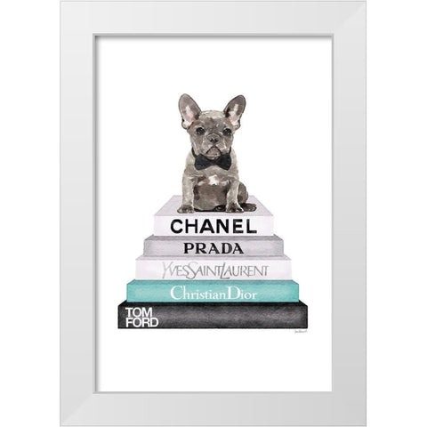 Teal Frenchie Bookstack White Modern Wood Framed Art Print by Greenwood, Amanda