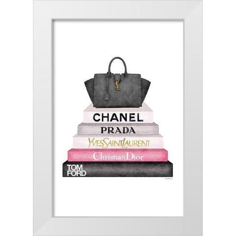 Pink Bookstack with bag White Modern Wood Framed Art Print by Greenwood, Amanda