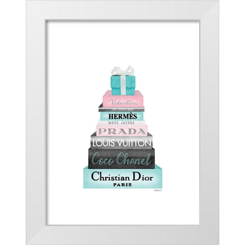 Teal Present Bookstack White Modern Wood Framed Art Print by Greenwood, Amanda