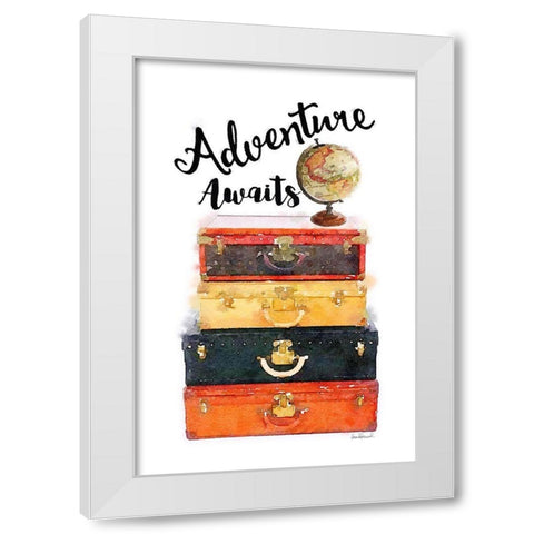 Adventure Awaits Luggage White Modern Wood Framed Art Print by Greenwood, Amanda
