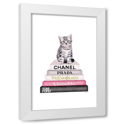 Kitten Bookstack White Modern Wood Framed Art Print by Greenwood, Amanda