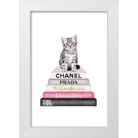 Kitten Bookstack White Modern Wood Framed Art Print by Greenwood, Amanda