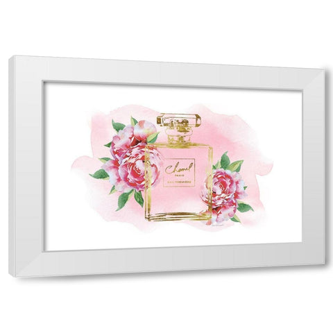 Gold Bottle with Peonies Pink White Modern Wood Framed Art Print by Greenwood, Amanda