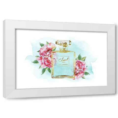 Gold Bottle with Peonies Teal White Modern Wood Framed Art Print by Greenwood, Amanda
