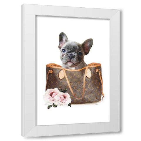 Fashion Bag with Frenchie II White Modern Wood Framed Art Print by Amanda Greenwood