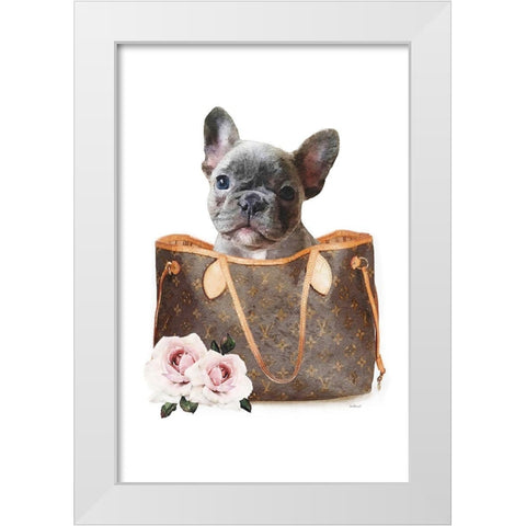 Fashion Bag with Frenchie II White Modern Wood Framed Art Print by Amanda Greenwood