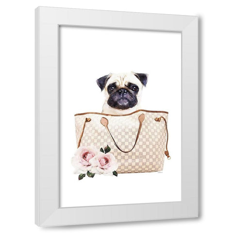 Fashion Bag with Pug White Modern Wood Framed Art Print by Amanda Greenwood