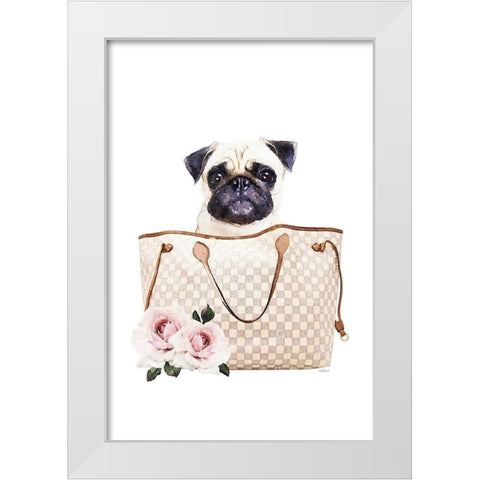 Fashion Bag with Pug White Modern Wood Framed Art Print by Amanda Greenwood