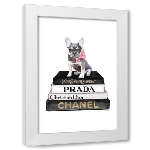 Black Frenchie Bookstack White Modern Wood Framed Art Print by Amanda Greenwood