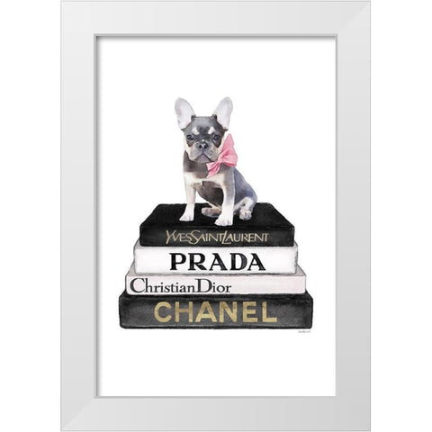 Black Frenchie Bookstack White Modern Wood Framed Art Print by Amanda Greenwood