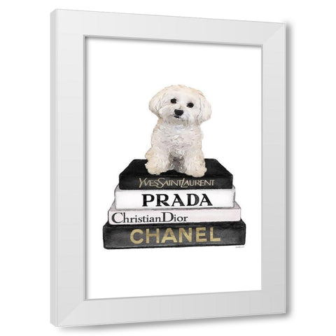 Bichon Frise Bookstack White Modern Wood Framed Art Print by Amanda Greenwood