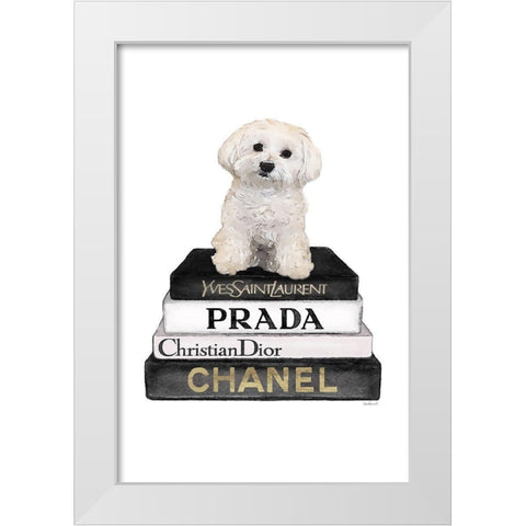Bichon Frise Bookstack White Modern Wood Framed Art Print by Amanda Greenwood
