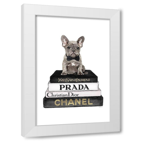 Black Frenchie Bookstack II White Modern Wood Framed Art Print by Amanda Greenwood